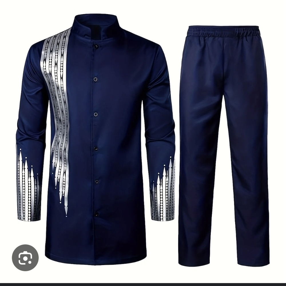 Navy Blue and Silver Men's Agbada Set